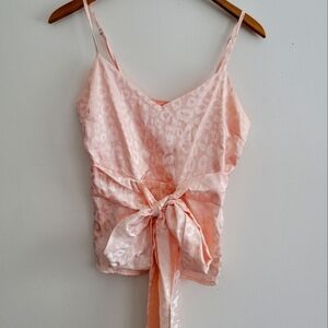 PeachPuff Cheetah Satin Strappy Top Wide Sash Bow Wrap Blouse Cami Tank M